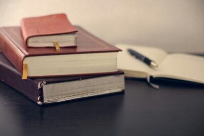 Law books stacked on a table.